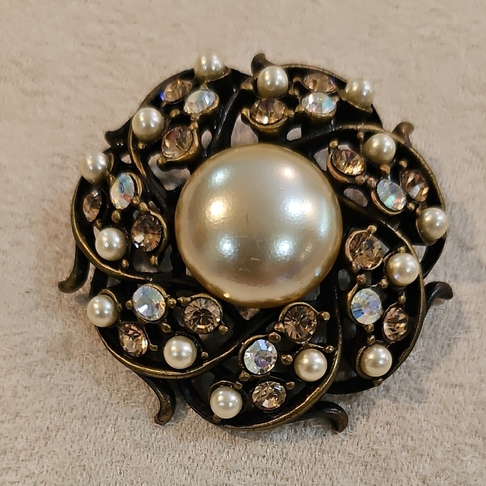 Jay Strongwater Vintage Pearl and Crystal Swirl Brooch